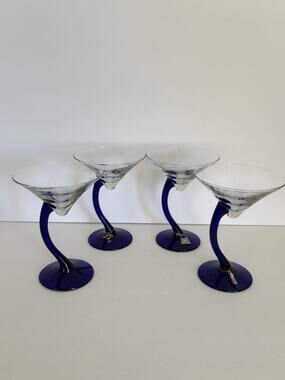Vintage Martini Glasses, 1980s LIBBEY BRAVURA Cobalt Blue Stem (Set Of 4).